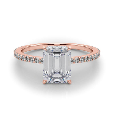 Rose gold Emerald Cut Diamond Ring with Pavé Band and Four-Prong Setting