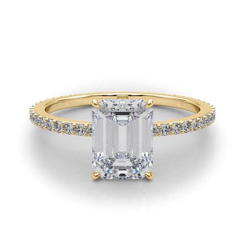 Yellow gold Emerald Cut Diamond Ring with Pavé Band and Four-Prong Setting