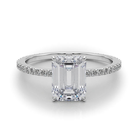 Platinum Emerald Cut Diamond Ring with Pavé Band and Four-Prong Setting