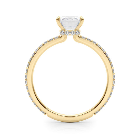 Yellow gold Emerald Cut Diamond Ring with Pavé Band and Four-Prong Setting