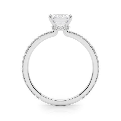Platinum Emerald Cut Diamond Ring with Pavé Band and Four-Prong Setting