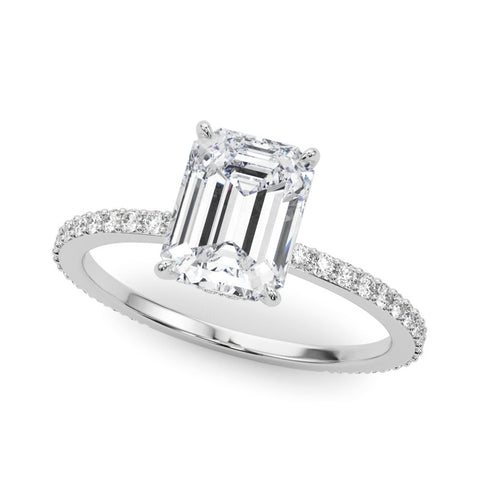 White gold Emerald Cut Diamond Ring with Pavé Band and Four-Prong Setting