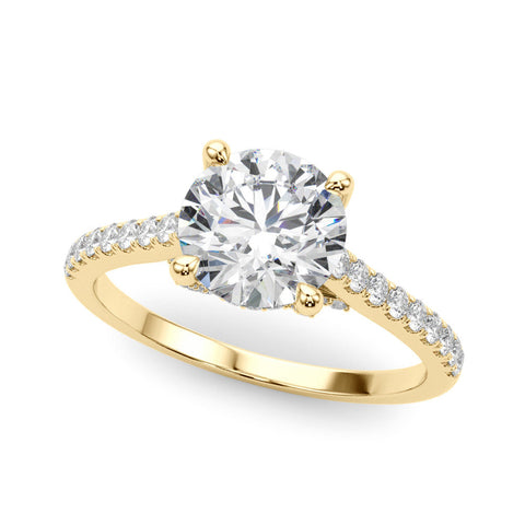 Yellow gold Cushion Brilliant Diamond Solitaire with Pavé Band and Four-Prong Setting