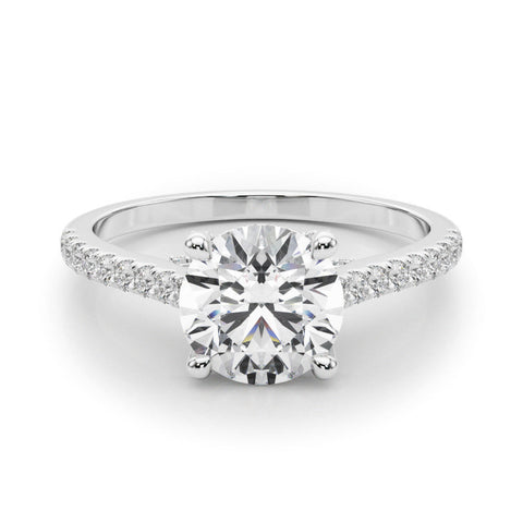 White gold Round Brilliant Diamond Solitaire with Pavé Band and Four-Prong Setting