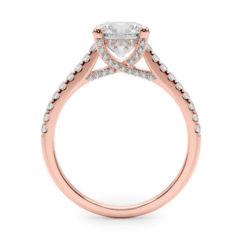 Rose gold Cushion Brilliant Diamond Solitaire with Pavé Band and Four-Prong Setting