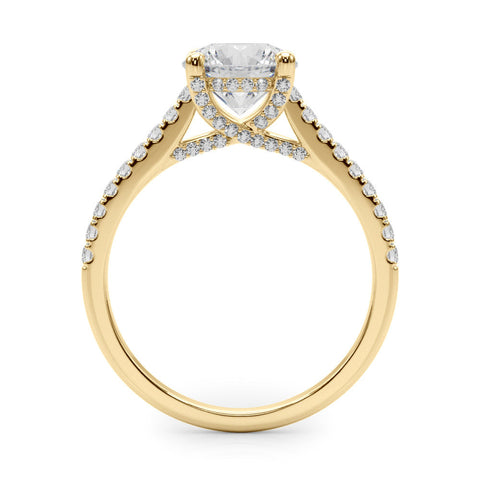 Yellow gold Cushion Brilliant Diamond Solitaire with Pavé Band and Four-Prong Setting