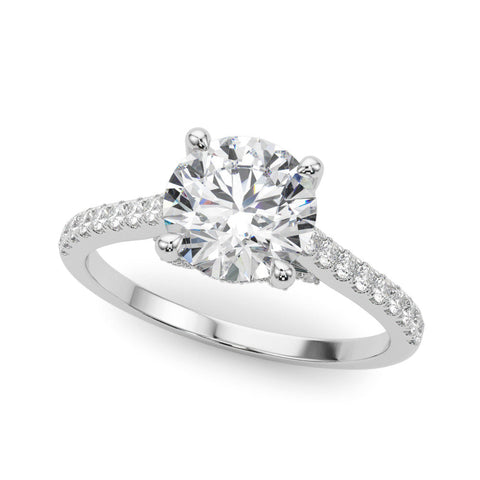 White gold Round Brilliant Diamond Solitaire with Pavé Band and Four-Prong Setting