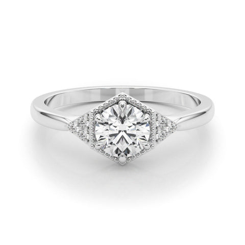 White gold Hexagonal Halo Round Diamond Solitaire with Pavé Band and Four-Prong Setting