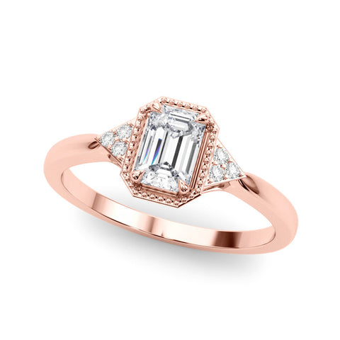 Rose gold Milgrain Radiant Cut Diamond Ring with Tapered Pave Band and Four Prong Setting