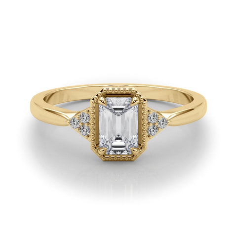 Yellow gold Milgrain Radiant Cut Diamond Ring with Tapered Pave Band and Four Prong Setting