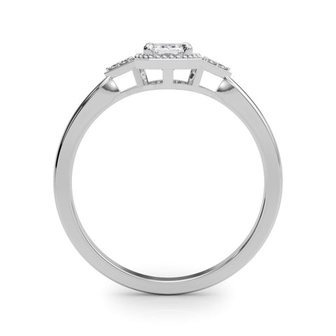 White gold Milgrain Emerald Cut Diamond Ring with Tapered Pave Band and Four Prong Setting