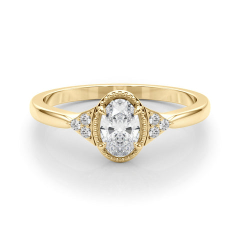 Yellow gold Oval Halo Diamond Ring with Tapered Band and Four-Prong Setting