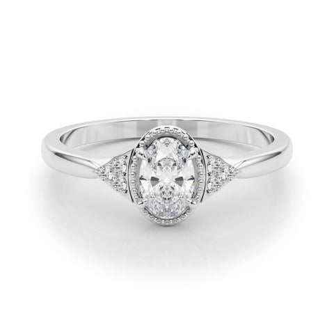 Silver Oval Halo Diamond Ring with Tapered Band and Four-Prong Setting