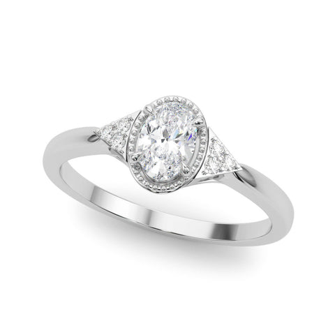 Silver Oval Halo Diamond Ring with Tapered Band and Four-Prong Setting