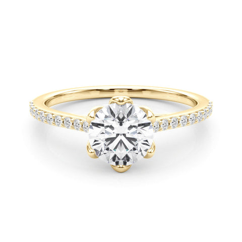 Yellow gold Princess Solitaire Diamond Engagement Ring with Pave Band and Six-Prong Setting