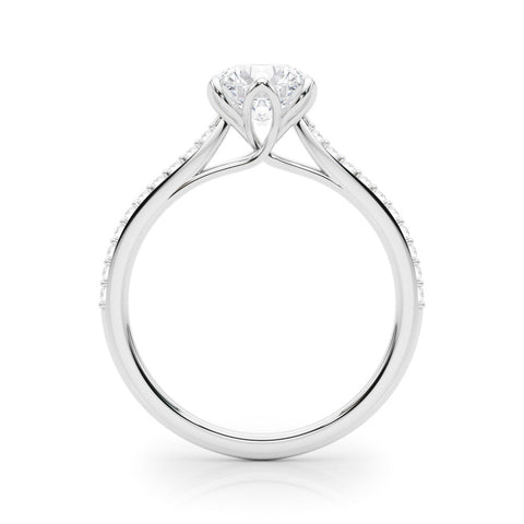 White gold Oval Solitaire Diamond Engagement Ring with Pave Band and Six-Prong Setting