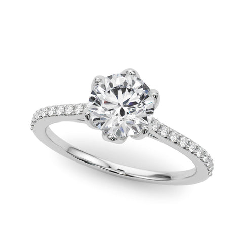 White gold Oval Solitaire Diamond Engagement Ring with Pave Band and Six-Prong Setting