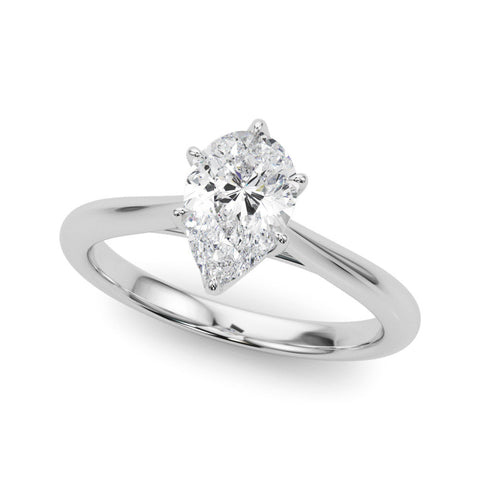Platinum Solitaire Pear Cut Diamond Ring with Tapered Band and Six-Prong Setting