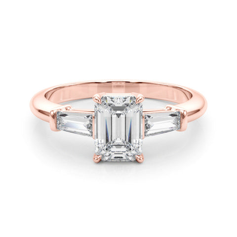 Rose gold Radiant Cut Diamond Ring with Tapered Baguette Side Stones on a Platinum Band with Four-Prong Setting
