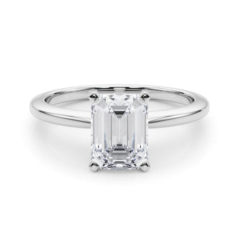 Platinum Emerald Solitaire Engagement Ring with Classic Band and Four-Prong Setting