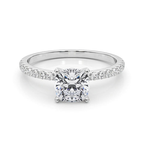 Platinum Cushion Solitaire Diamond Pavé Band with Four-Prong Setting