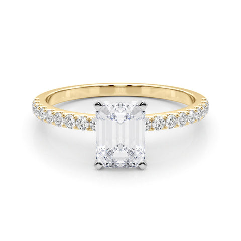Yellow gold Emerald Solitaire Diamond Pavé Band with Four-Prong Setting
