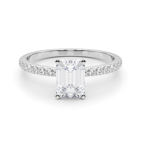Platinum Emerald Solitaire Diamond Pavé Band with Four-Prong Setting