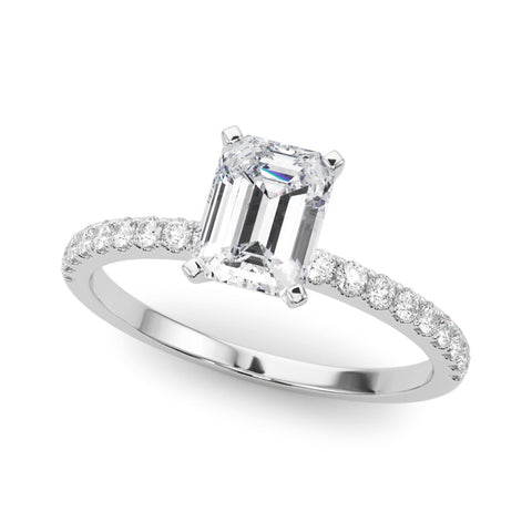 Platinum Emerald Solitaire Diamond Pavé Band with Four-Prong Setting