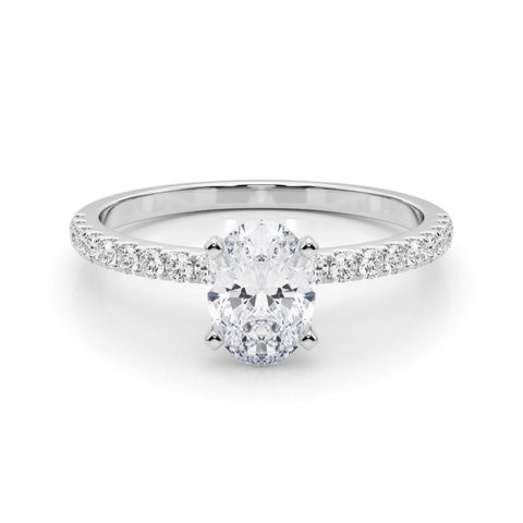 Platinum Oval Solitaire Diamond Pavé Band with Four-Prong Setting