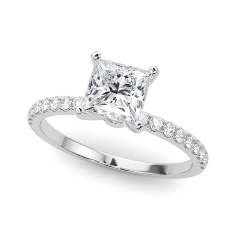 White gold Princess Solitaire Diamond Pavé Band with Four-Prong Setting