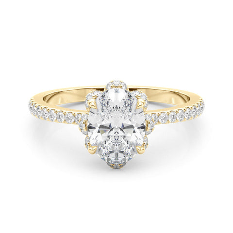 Yellow gold Oval Halo Diamond Pave Band Ring with Four-Prong Setting