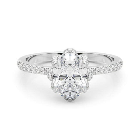Platinum Oval Halo Diamond Pave Band Ring with Four-Prong Setting