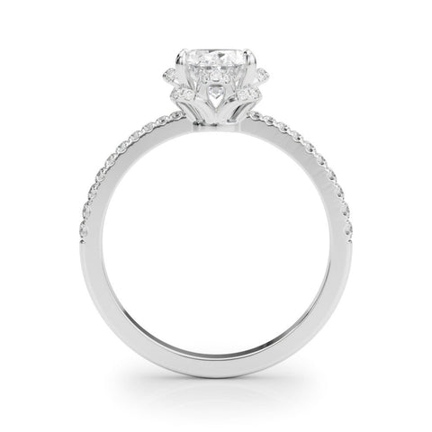Platinum Oval Halo Diamond Pave Band Ring with Four-Prong Setting