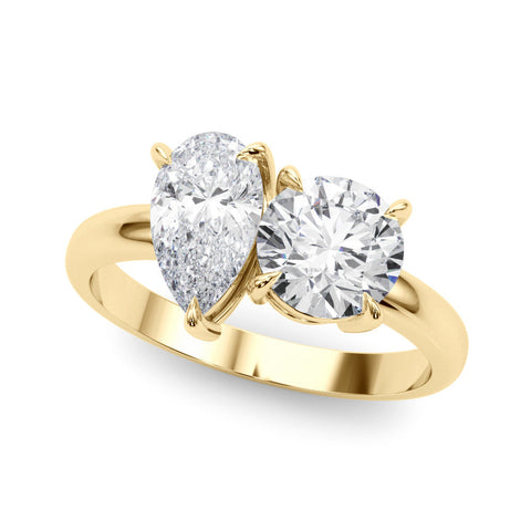 Yellow gold Two-Stone Pear and Round Diamond Bypass Ring with Prong Setting