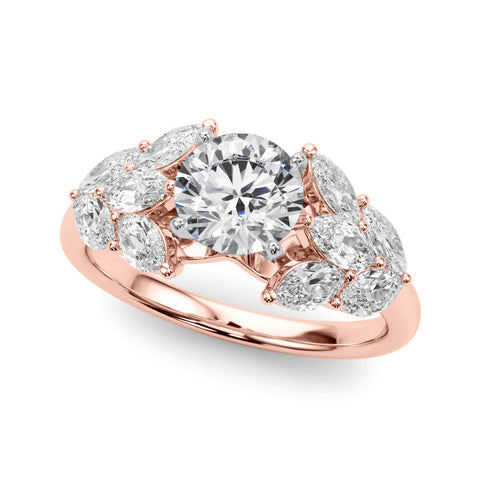 Rose gold Round Diamond Cluster Leaf Design Ring with Prong Setting