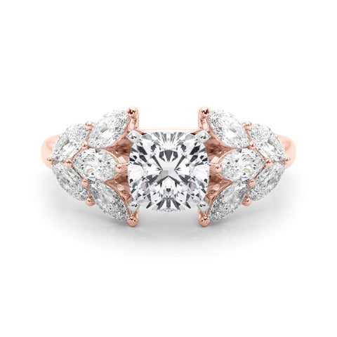 Rose gold Cushion Diamond Cluster Leaf Design Ring with Prong Setting