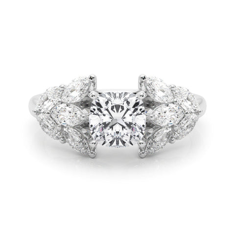 Platinum Cushion Diamond Cluster Leaf Design Ring with Prong Setting