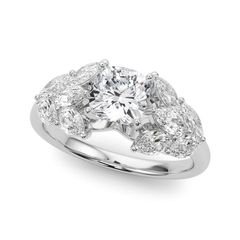 Platinum Cushion Diamond Cluster Leaf Design Ring with Prong Setting