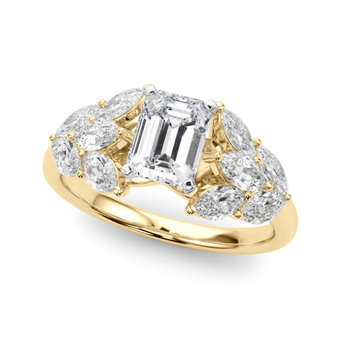 Yellow gold Radiant Diamond Cluster Leaf Design Ring with Prong Setting