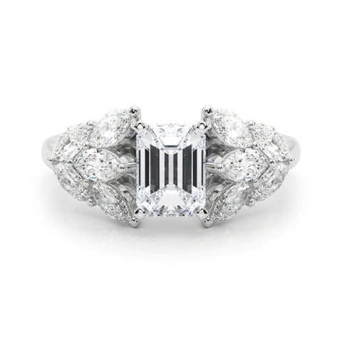 Platinum Emerald Diamond Cluster Leaf Design Ring with Prong Setting