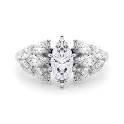 Platinum Marquise Diamond Cluster Leaf Design Ring with Prong Setting