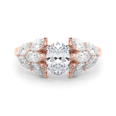 Rose gold Oval Diamond Cluster Leaf Design Ring with Prong Setting