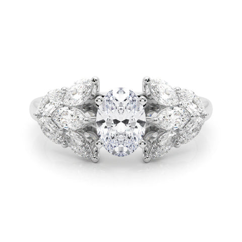 Platinum Oval Diamond Cluster Leaf Design Ring with Prong Setting