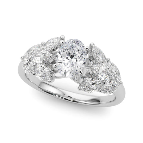 Platinum Oval Diamond Cluster Leaf Design Ring with Prong Setting
