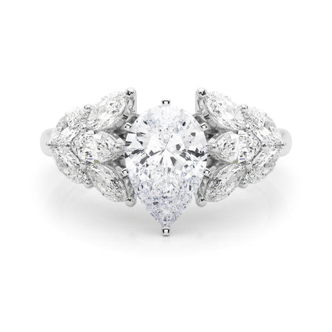 Platinum Pear Diamond Cluster Leaf Design Ring with Prong Setting