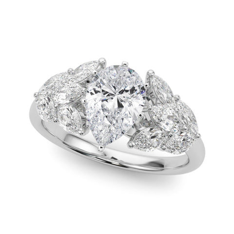 Platinum Pear Diamond Cluster Leaf Design Ring with Prong Setting