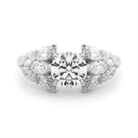 Platinum Round Diamond Cluster Leaf Design Ring with Prong Setting