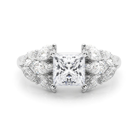 Platinum Princess Diamond Cluster Leaf Design Ring with Prong Setting