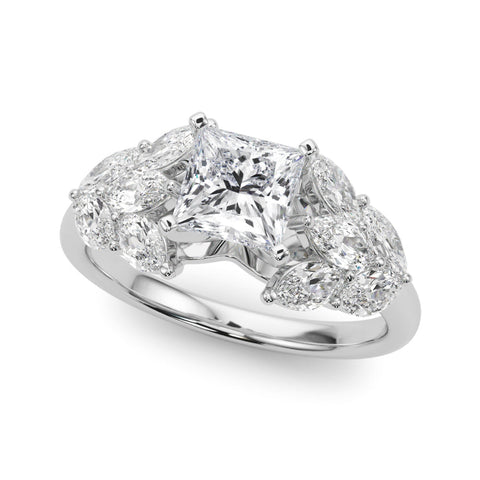 Platinum Princess Diamond Cluster Leaf Design Ring with Prong Setting