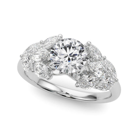 Platinum Round Diamond Cluster Leaf Design Ring with Prong Setting